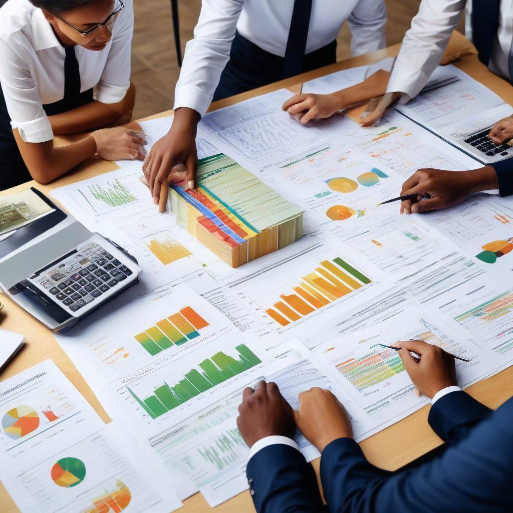 A visually engaging composition showing a diverse group of people working together around a large table covered with financial documents, calculators, and laptops. The background features a large digital screen displaying graphs and money management tips. Include symbols of wealth like gold coins and dollar bills subtly integrated in the design.  The color palette should be bright and optimistic, conveying a sense of collaboration and smart planning. 3D. vibrant colors.