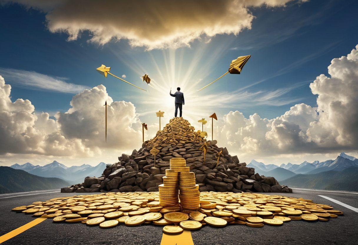 A visually striking scene portraying a successful individual standing atop a mountain of gold coins, symbolizing wealth and prosperity. In the foreground, a road marked with arrows representing various strategies for managing debt and credit. The sky is filled with clouds shaped like financial symbols like dollar signs and credit cards. The atmosphere should convey a sense of achievement and possibility. super-realistic. vibrant colors. 3D.
