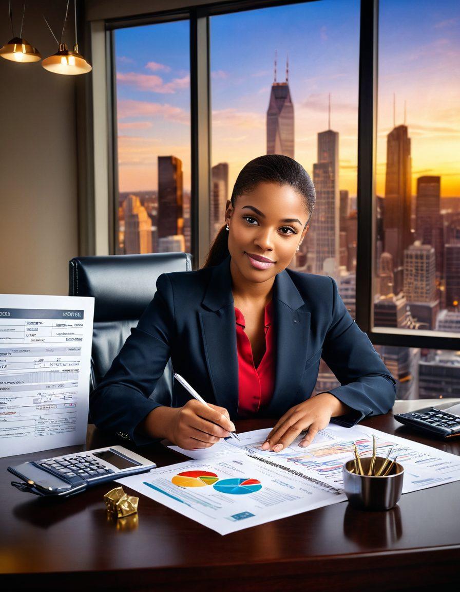 A confident individual reviewing their financial documents at a desk, surrounded by symbols of wealth like a piggy bank, stock market graphs, and credit cards. The background features a city skyline representing opportunities, with light rays symbolizing growth and success. The overall atmosphere conveys empowerment and financial wisdom. super-realistic. vibrant colors. 3D.